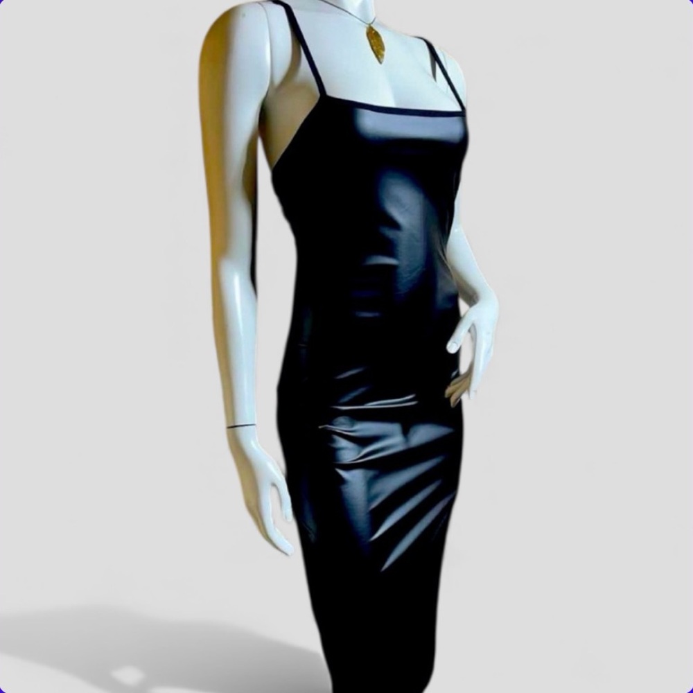 Faux Leather Black Dress with Side Slit Size S Midi